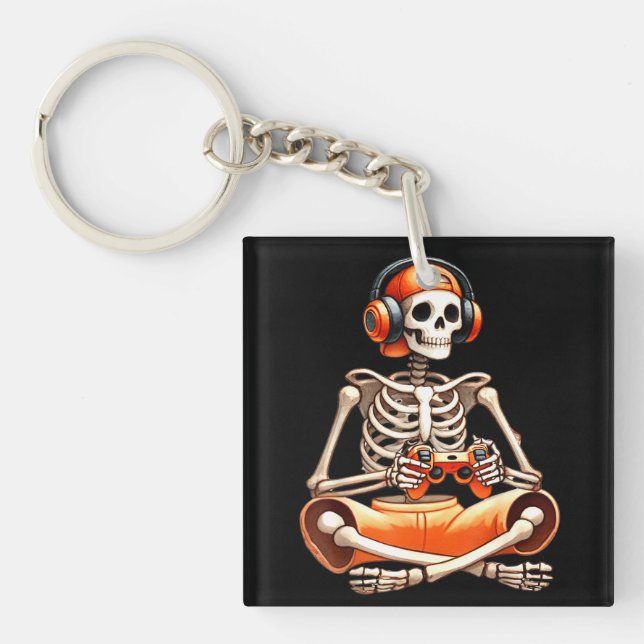 Halloween Skeleton Gamer Video Gaming Lovers Key Ring (Front)