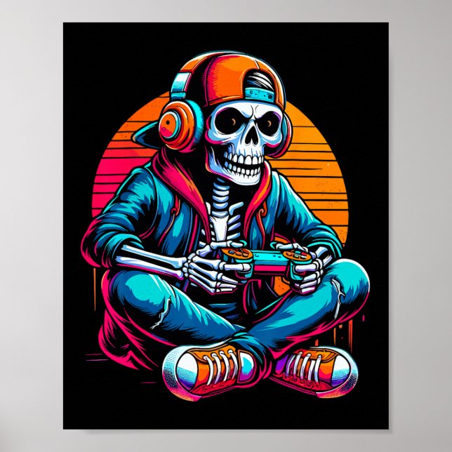 Halloween Skeleton Gamer Video Gaming  Poster (Front)