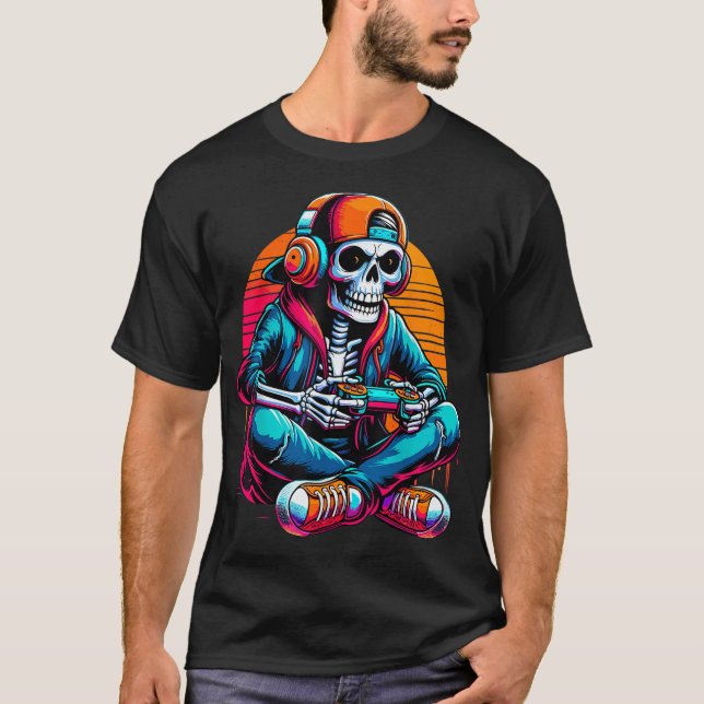 Halloween Skeleton Gamer Video Gaming T-Shirt (Front)