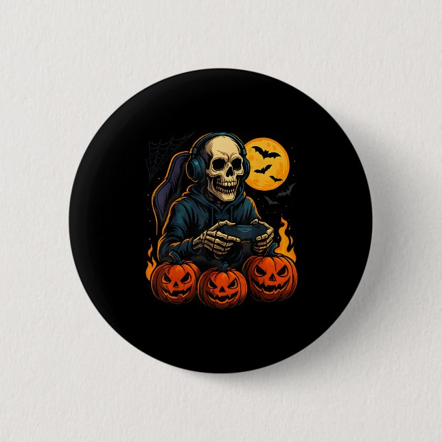 Halloween Skeleton Gamer With Pumpkins Controller  6 Cm Round Badge (Front)