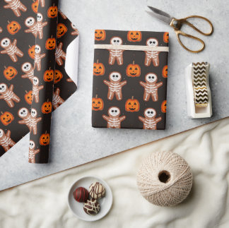 Halloween Skeleton Gingerbread & Jack-o-Lantern Wrapping Paper