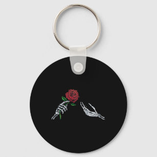Halloween Skeleton Hand Red Rose Flower Mens Women Key Ring