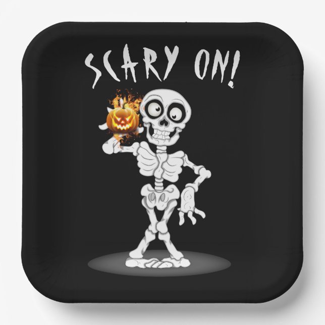 Halloween Skeleton Holding a Jack-o-lantern Paper Plate (Front)