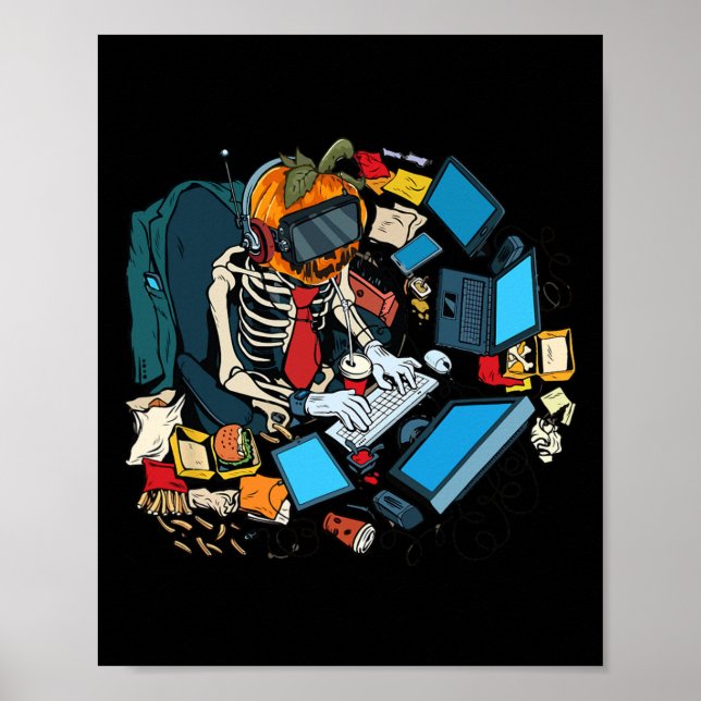 Halloween Skeleton Jack O Lantern Gamer Boys  Poster (Front)