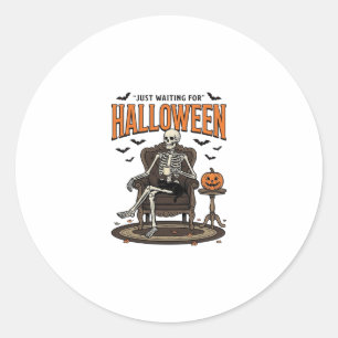 Halloween Skeleton Just Waiting Funny Vintage_1 Classic Round Sticker