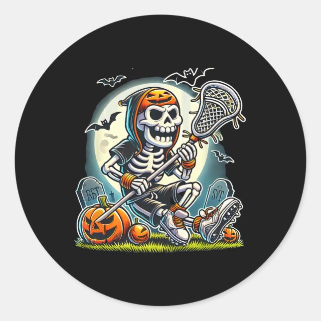 Halloween Skeleton Lacrosse  Classic Round Sticker (Front)