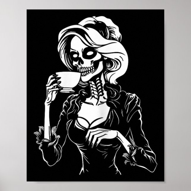 Halloween Skeleton Lazy Skull Drinking Coffee Cost Poster (Front)