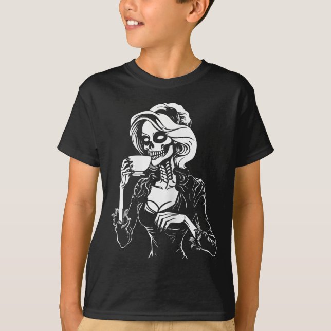 Halloween Skeleton Lazy Skull Drinking Coffee Cost T-Shirt (Front)