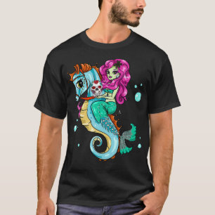 Halloween Skeleton Mermaid  Sugar Skull Sea Horse  T-Shirt