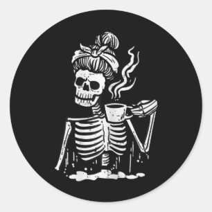 Halloween Skeleton Messy Bun Coffee Funny Costume  Classic Round Sticker