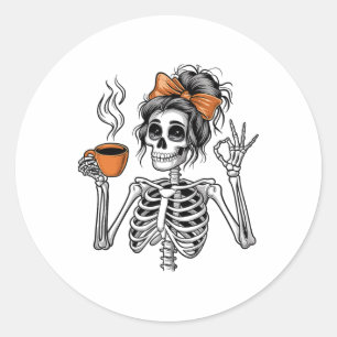 Halloween Skeleton Messy Bun Coffee Funny Costume Classic Round Sticker