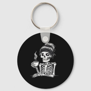 Halloween Skeleton Messy Bun Coffee Funny Costume Key Ring
