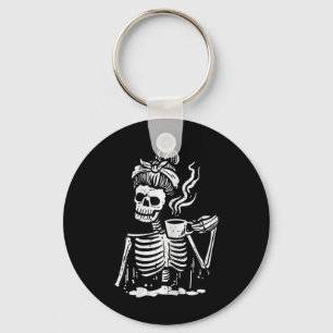 Halloween Skeleton Messy Bun Coffee Funny Costume  Key Ring