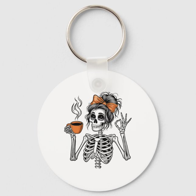 Halloween Skeleton Messy Bun Coffee Funny Costume  Key Ring (Front)