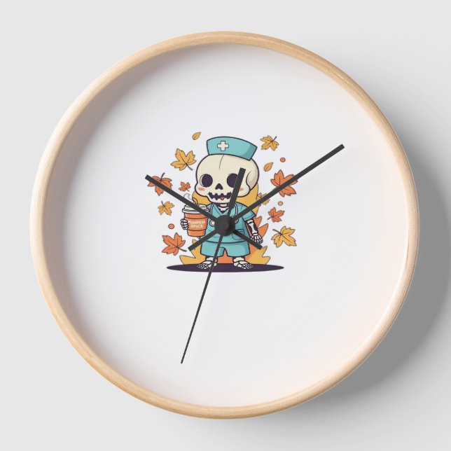 Halloween Skeleton Nurse With Coffee Classic T-Shi Clock (Front)
