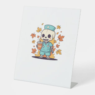 Halloween Skeleton Nurse With Coffee Classic T-Shi Pedestal Sign