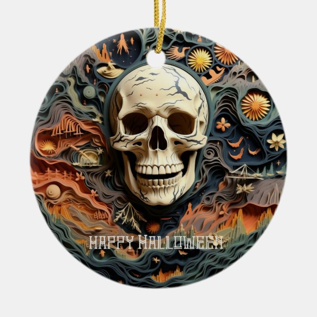 Halloween Skeleton Paper Quill Art Ceramic Tree Decoration (Front)