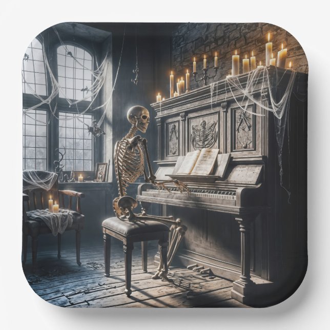 Halloween Skeleton Pianist Paper Plate (Front)