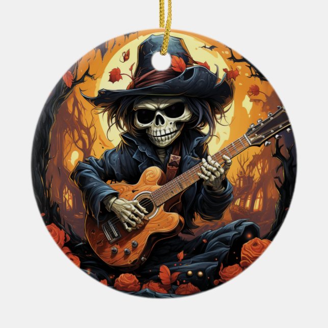Halloween Skeleton Playing Guitar - Rock And Roll  Ceramic Tree Decoration (Front)