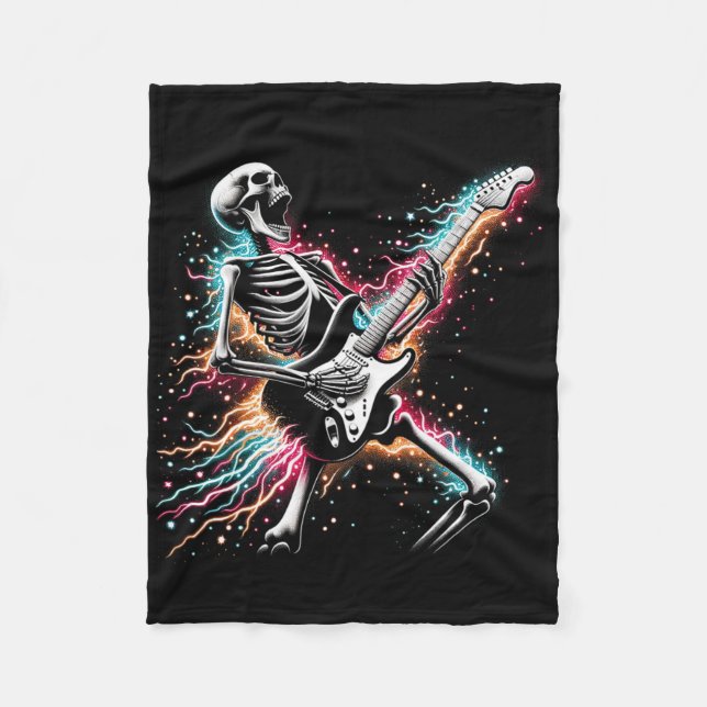 Halloween Skeleton Playing Guitar - Rock And Roll  Fleece Blanket (Front)