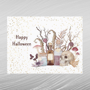 Halloween Skeleton Potions Mushrooms Floral Holiday Postcard