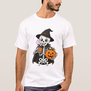 Halloween Skeleton Pumpkin Spice Latte Sticker Cut T-Shirt