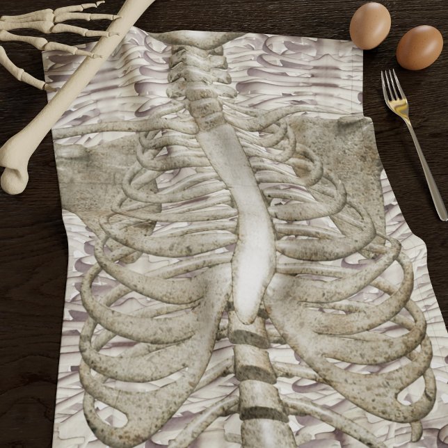 Halloween Skeleton Rib Cage Rustic Kitchen Towel (A spooky skeleton kitchen towel perfect for your Halloween kitchen)