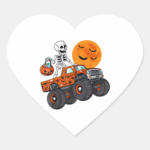 Halloween Skeleton Riding Monster Truck Heart Sticker
