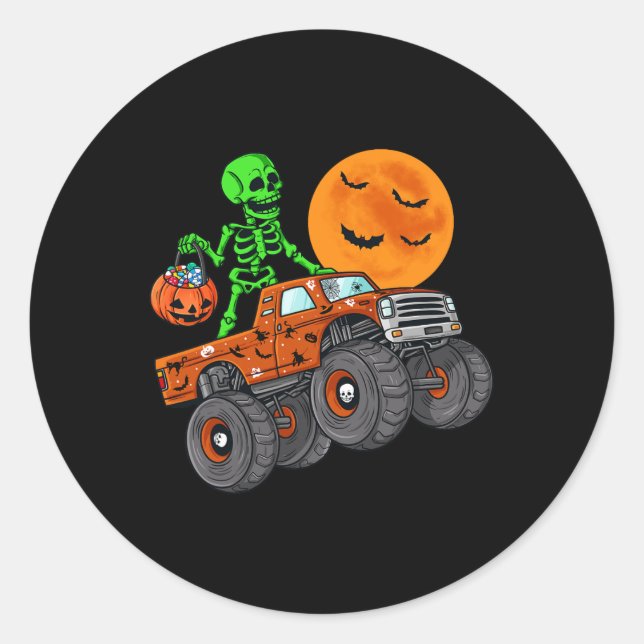 Halloween Skeleton Riding Monster Truck Toddler Bo Classic Round Sticker (Front)