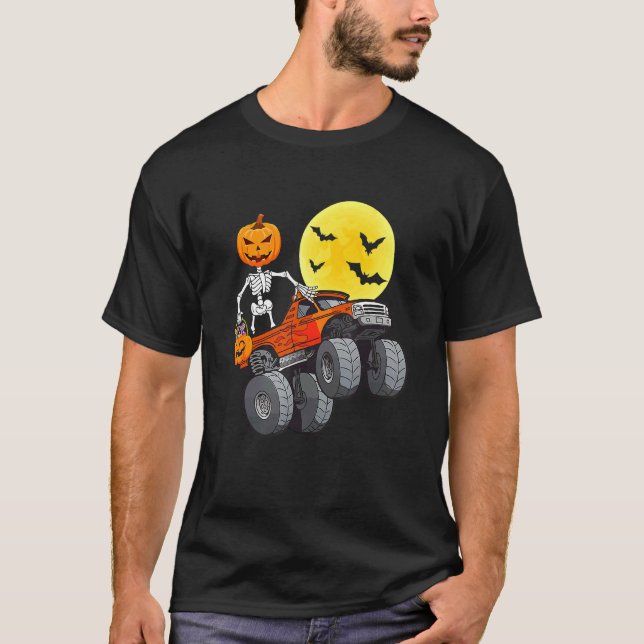 Halloween Skeleton Riding Monster Truck Toddler Bo T-Shirt (Front)