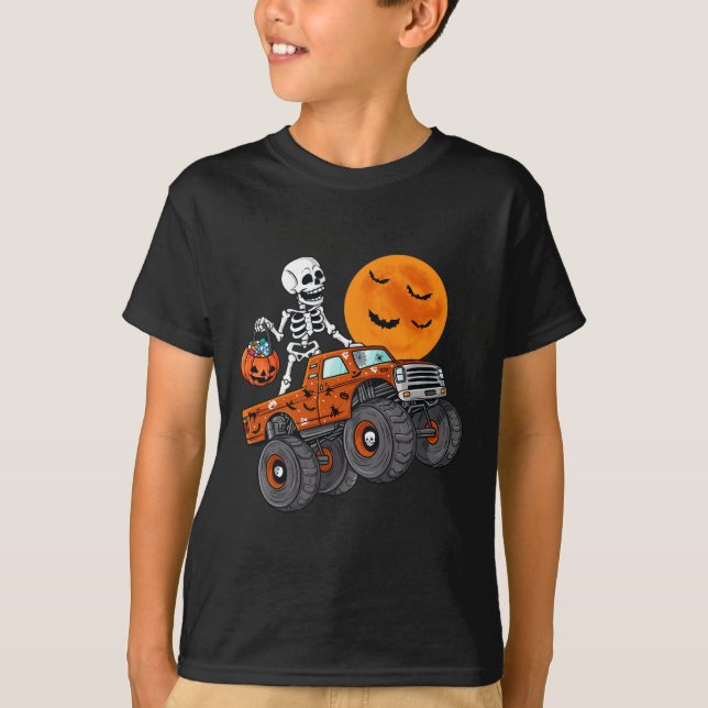 Halloween Skeleton Riding Monster Truck Toddler Bo T-Shirt (Front)