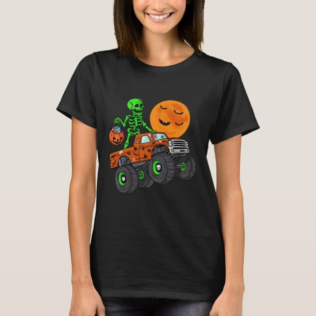 Halloween Skeleton Riding Monster Truck Toddler Bo T-Shirt (Front)