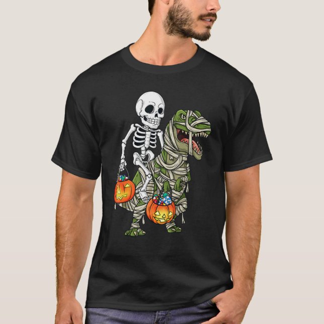 Halloween Skeleton Riding Mummy Dinosaur Rex  Pump T-Shirt (Front)