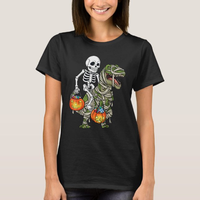 Halloween Skeleton Riding Mummy Dinosaur Rex  Pump T-Shirt (Front)