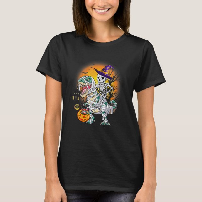 Halloween Skeleton Riding Mummy Dinosaur Rex  Pump T-Shirt (Front)