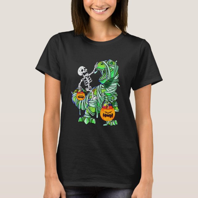 Halloween Skeleton Riding Mummy Rex Dinosaur Kids  T-Shirt (Front)
