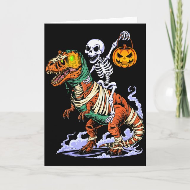 Halloween Skeleton Riding Mummy T Rex Dinosaur Sca Card (Front)