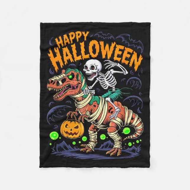 Halloween Skeleton Riding Mummy T Rex Dinosaur Sca Fleece Blanket (Front)