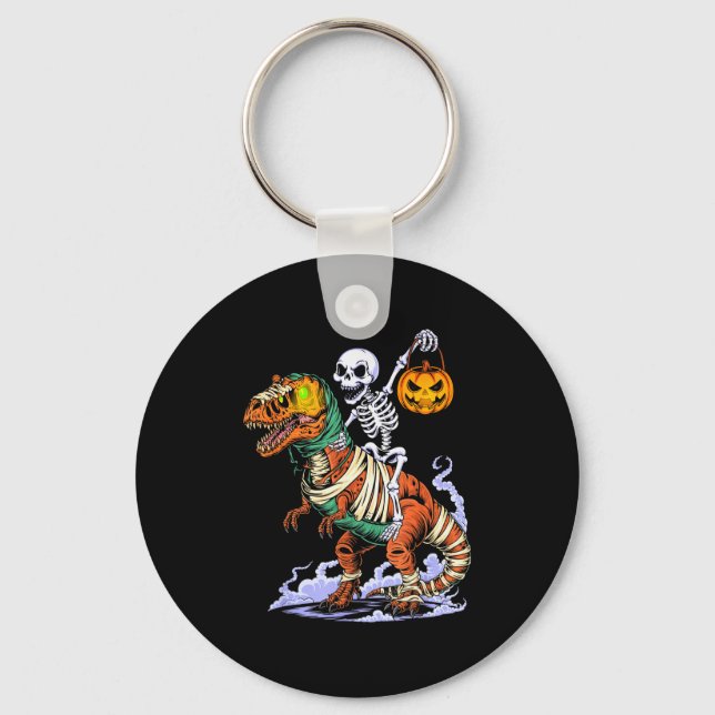 Halloween Skeleton Riding Mummy T Rex Dinosaur Sca Key Ring (Front)