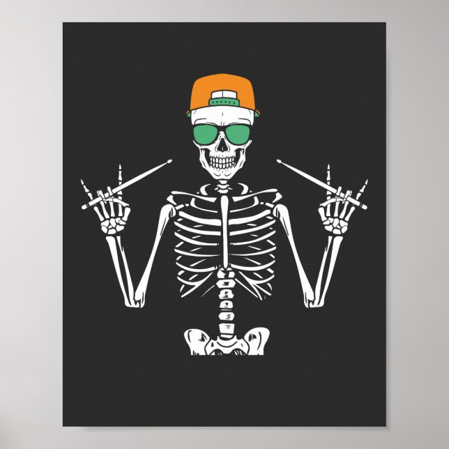 Halloween Skeleton Rock Hand Playing Drums Poster (Front)