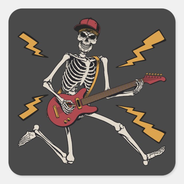 Halloween Skeleton Rock Hand Playing Guitar Square Sticker (Front)