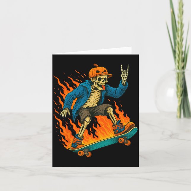 Halloween Skeleton Skateboarding Pumpkin Flame Card (Front)