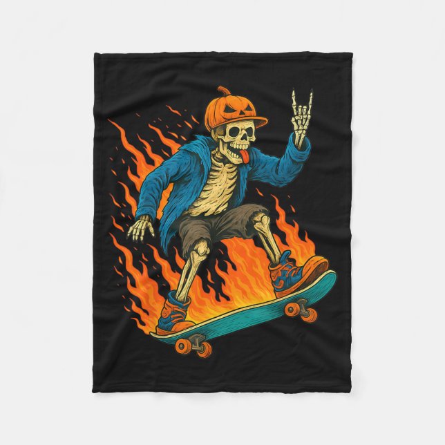 Halloween Skeleton Skateboarding Pumpkin Flame Fleece Blanket (Front)