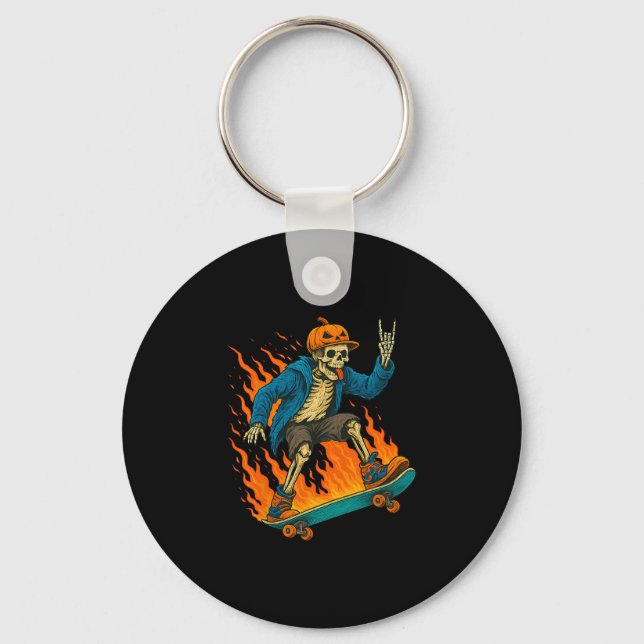 Halloween Skeleton Skateboarding Pumpkin Flame Spo Key Ring (Front)