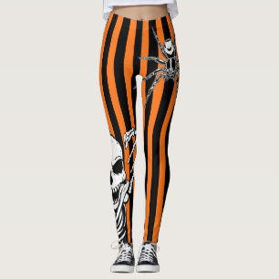 Halloween Skeleton Spider Orange Black Striped Leggings