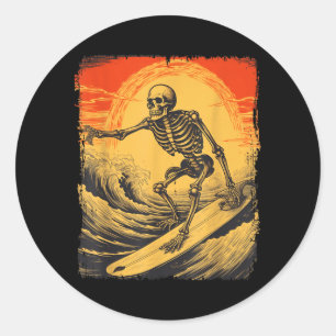Halloween Skeleton Surfing Surfboard Spooky Season Classic Round Sticker