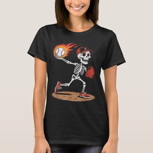 Halloween Skeleton Tcher Flaming Baseball Graphic  T-Shirt (Front)