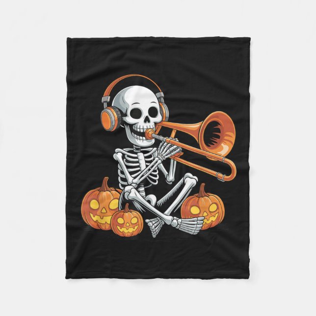 Halloween Skeleton Trombone Trombonist  Fleece Blanket (Front)