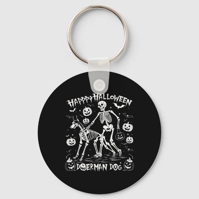 Halloween Skeleton Walking Doberman Dog  Key Ring (Front)