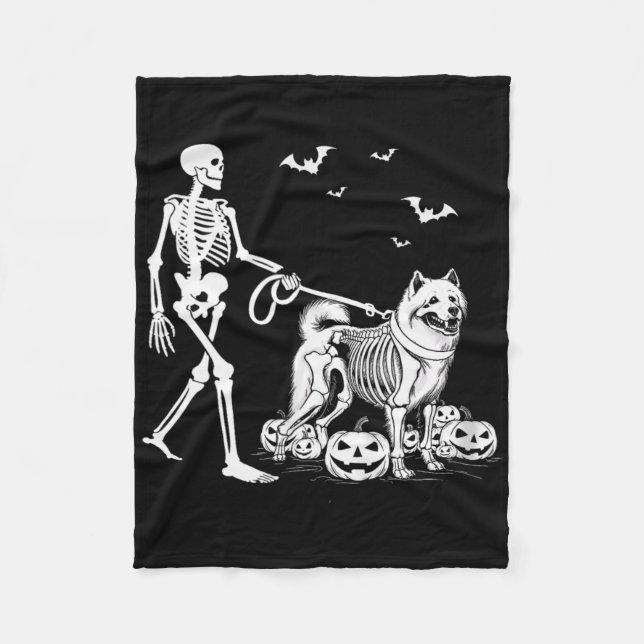Halloween Skeleton Walking Samoyed Dog  Fleece Blanket (Front)